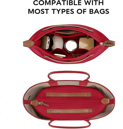GIVLEFLY Purse Organizer with Zipper Tote Bag Organizer Inserts,Multiple Pockets with Cup&Umbrella Position Lightweight Handbag Dividers with Handle,Fit for Longchamp Neverful(Red,Medium)