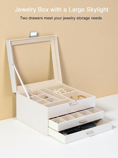 Clear Lid Jewelry Box,3 Layers Jewelry Organizer Large Multi-Functional Jewelry Storage Box with 2 Drawers,Jewelry Display Case of Rings Earrings Necklace Bracelets for Women Girls (Light gold)