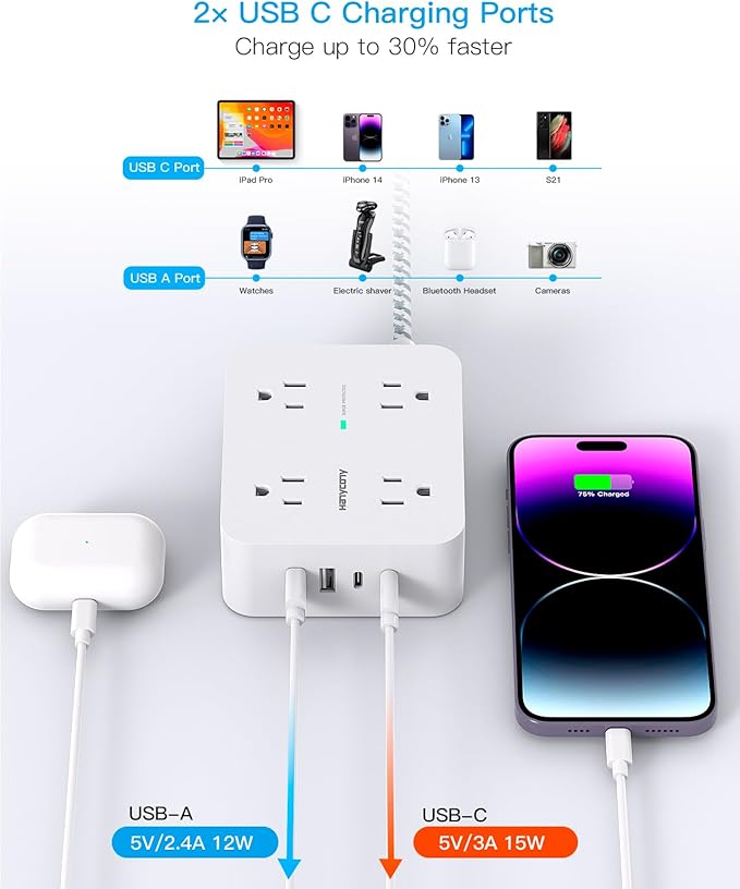 Extension Cord 25 Ft, HANYCONY Surge Protector Power Strip with 8 Outlets 4 USB Ports(2 USB C), Long Cord, Wall Mount, Desk USB Charging Station for Home Office College Dorm Room Essentials