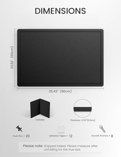 Fluxynara Bulletin Board,35.4" x 23.6" Cork Board Alternative with 12 Safe Removable Adhesive Tabs, Foldable Felt Pin Board for Home Office, Classroom, Bedroom,Entryway for Walls— Black