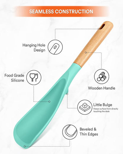 Cooking Spoon for Nonstick Cookwares, Great for Cooking and Serving Sturdy BPA-Free Matte Silicone, Wood Handle Spoon for Mixing, Scoop, and Scrape (GREEN, 11.4 inch)