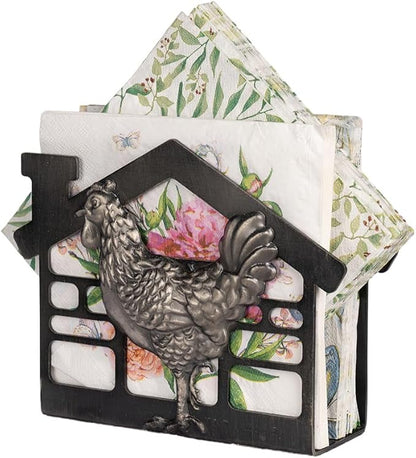 Metal Napkin Holder for Table, Antique Rooster Decorative Farm Style, Rustic Vertical Tissue Paper Napkins Holder for Paper Napkins (Rooster/Black)