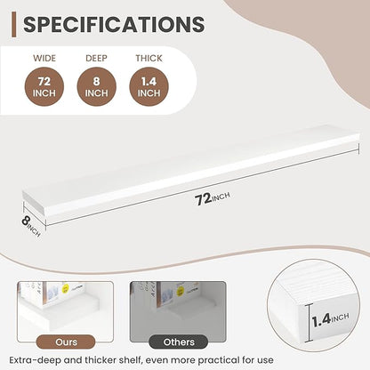 Acovy 72 Inch Floating Shelves, 8 Inch Deep Floating Shelves for Wall, Hanging Shelf with Invisible Brackets, Deep Shelves for Bathroom, Bedroom, Living Room, White, Set of 1