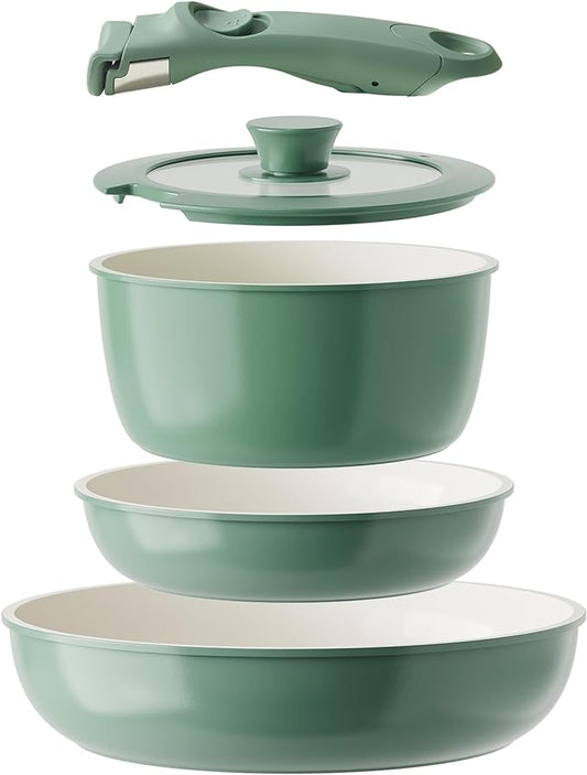 Redchef Ceramic Cookware Set, Removable Handle Pots and Pans Non-Stick, Rv Cookware Set, Non-Toxic Pots and Pans Set No PFAS, PTFE, PFOA, Detachable Pots and Pans, Dishwasher & Oven Safe (Green)