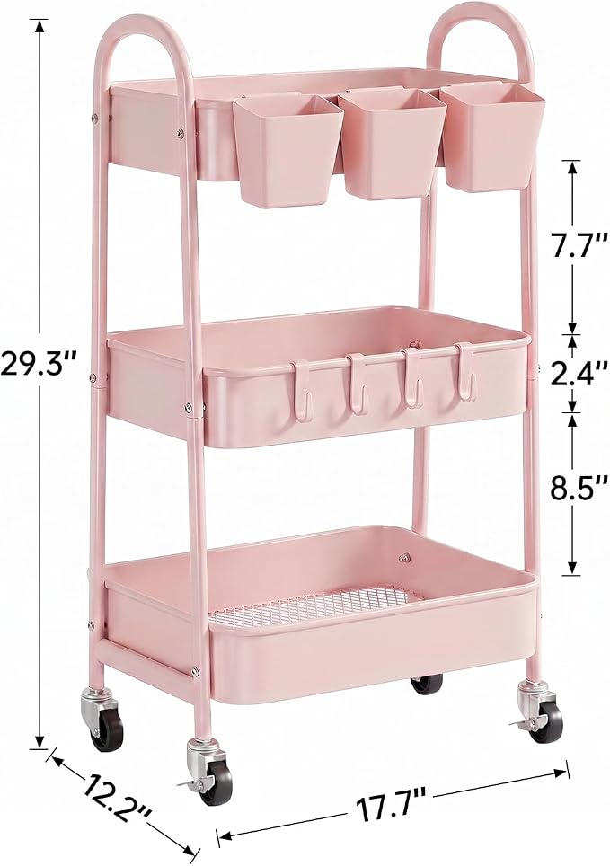 danpinera 3-Tier Rolling Cart, Utility Cart Mobile Metal Rolling Storage Cart with Lockable Wheels & Hanging Cups & Hooks for Kitchen, Bathroom, Office, Workshop, Pink