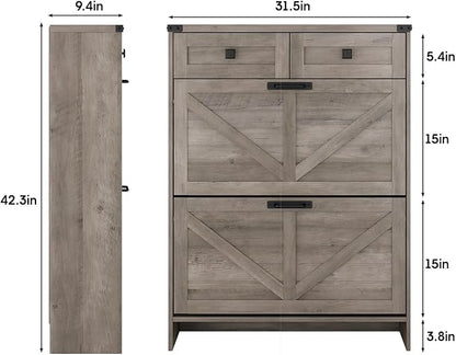 Shoe Cabinet with 2 Flip Drawers & 2 Drawers,Farmhouse Shoe Storage Cabinet for Entryway,Slim Freestanding Narrow Organizer Rack for Front Door Entrance,Grey