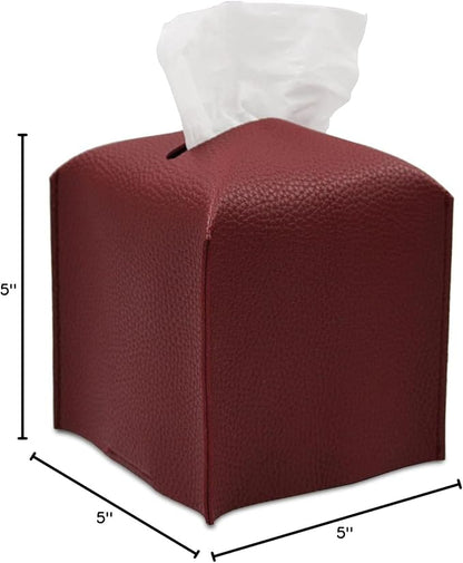 Livelab Tissue Box Cover Holder, Square Modern Decoration PU Leather Facial Tissues Case Roll Paper Dispenser for Bathroom Vanity Countertop, Night Stands, Office Desk Car 5X5X5'' | Wine Red