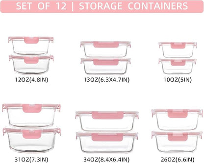 FAWLES 12 Pack Glass Storage Containers with Lids, Leak-Proof Meal Prep Containers, Dishwasher/Microwave/Oven/Freezer Safe Glass Food Storage Containers for Leftovers, to Go