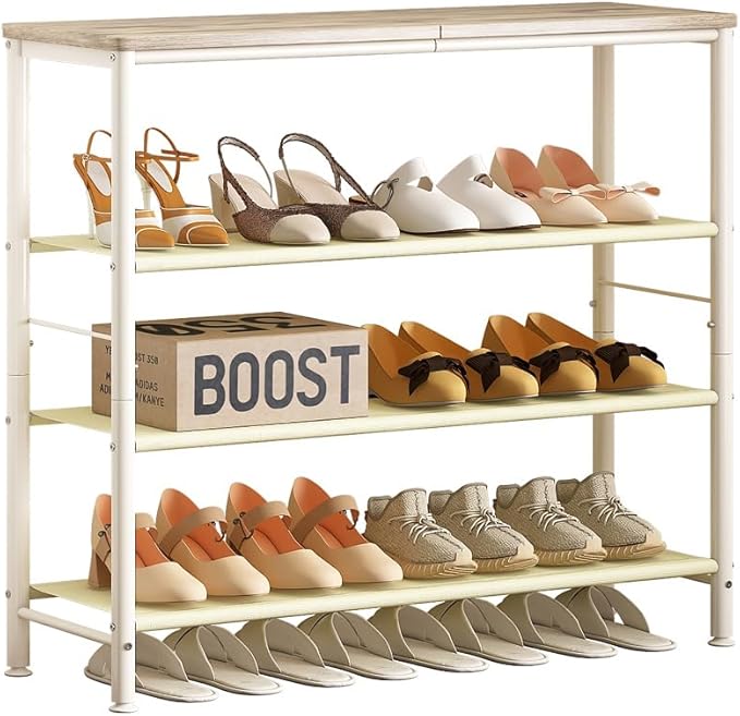 Shoe Rack Organizer 5 Tier Metal Organizer Shelf with Industrial MDF Board and Layer Fabric for Entryway Closet Bedroom Living Room Garage (White, 4 Tier)