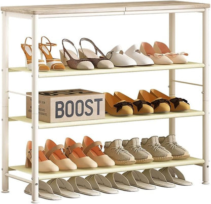 Shoe Rack Organizer 5 Tier Metal Organizer Shelf with Industrial MDF Board and Layer Fabric for Entryway Closet Bedroom Living Room Garage (White, 4 Tier)