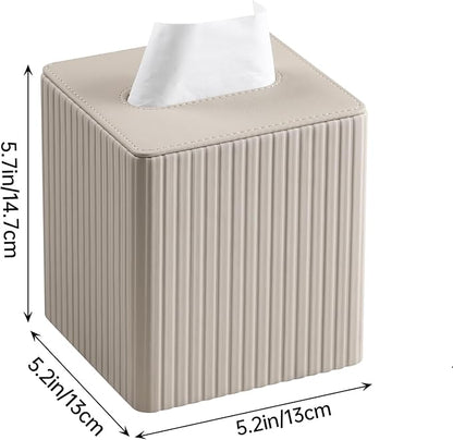 MEIBOOCH PU Leather Tissue Box Cover Square Tissue Box Holder with Magnetic Closure (Beige Stripe)