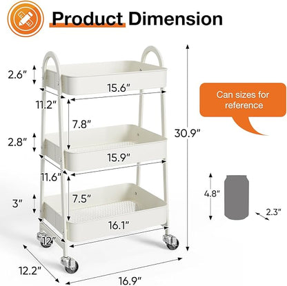 NEWBULIG 3-Tier Metal Rolling Storage Cart, Heavy Duty Mobile Utility Organizer Shelf with Lockable Wheels, Multifunctional Trolley for Daily Supplies, Home Indoor Daily Use, White