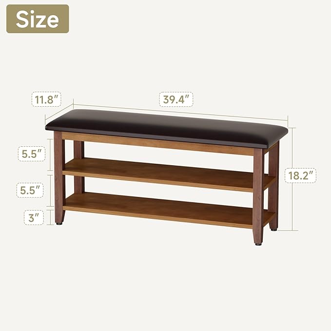 Shoe Bench with Leather Cushion,Wood Bench with Shoe Rack,2-Tier Shoe Storage Organizer for Entryway,Hallway,Living Room (Brown, 2-Tier-39.4")