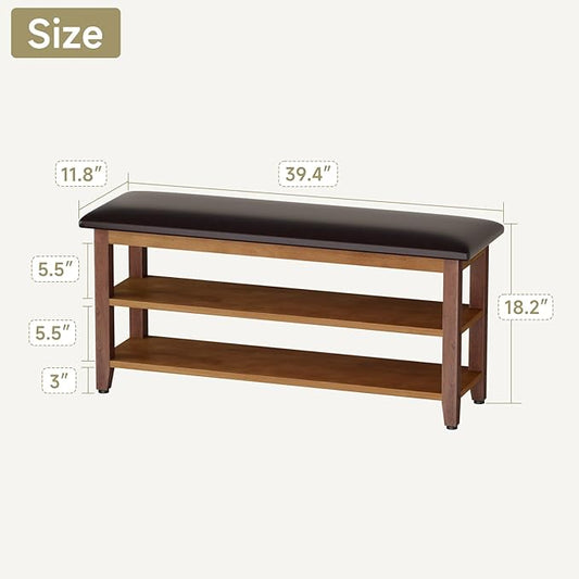 Shoe Bench with Leather Cushion,Wood Bench with Shoe Rack,2-Tier Shoe Storage Organizer for Entryway,Hallway,Living Room (Brown, 2-Tier-39.4")