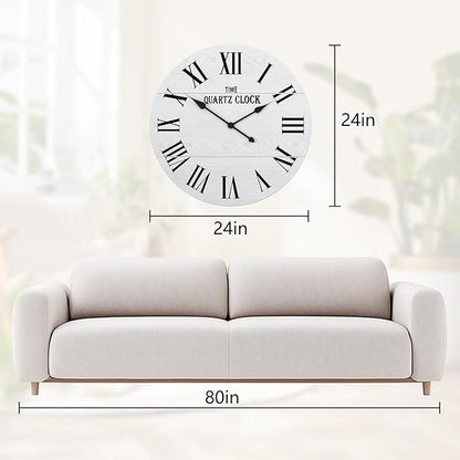 ARTPOWER Large Farmhouse Wall Clock, 24” Shiplap Wall Clock with Roman Numeral, Nearly Non-Ticking, Round Wall Clocks for Living Room Decor, Office, Bedroom, Entrance, White
