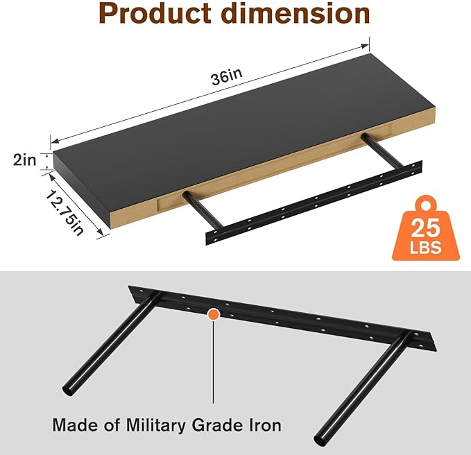 JPND Floating Shelf, Set of 2 Wall Shelf, 36 in W x 12.75 in D x 2 in H Wooden Floating Wall Shelf with Invisible Brackets for Living Room/Bedroom/Bathroom/Kitchen Storage and Decor, Black