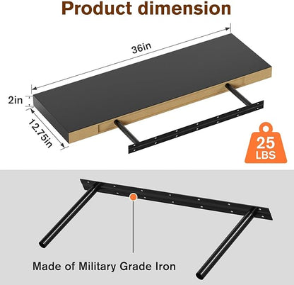 JPND Floating Shelf, Set of 2 Wall Shelf, 36 in W x 12.75 in D x 2 in H Wooden Floating Wall Shelf with Invisible Brackets for Living Room/Bedroom/Bathroom/Kitchen Storage and Decor, Black