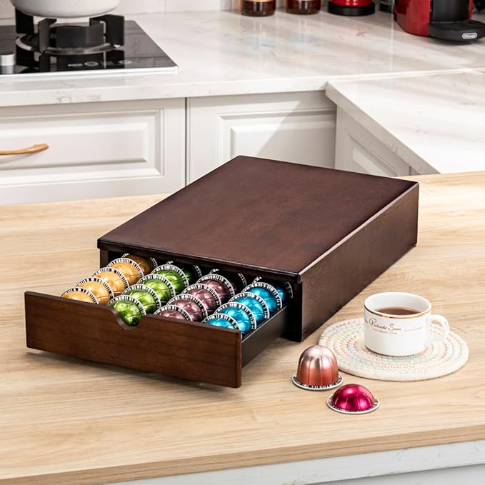 FlagShip Vertuo Pod holder for Nespresso Pod Drawer Coffee Pod Organizer Modern Style & Coffee Machine Stand Wood Frame(40 Pods Capacity)