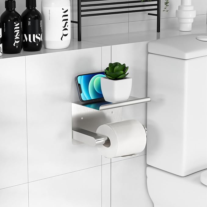 GLNLQ Brushed Nickel Toilet Paper Holder Wall Mount, Fits Mega Rolls Size Sliver Toilet Paper Holder with Shelf, Rustproof Stainless Steel Toilet Paper Roll Holder, Toilet Tissue Holder for Bathroom