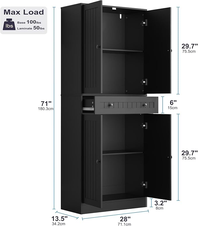 Kitchen Pantry Storage Cabinet, 71" H Farmhouse Pantry Cabinet with 4 Doors & Drawer, Freestanding Cupboard with Adjustable Shelves, Rustic Wood Cupboard for Kitchen, Dining Room, Black