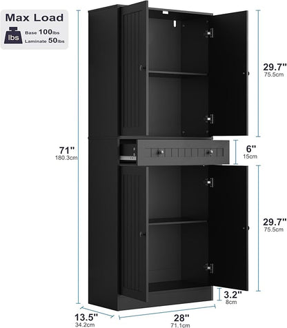 Kitchen Pantry Storage Cabinet, 71" H Farmhouse Pantry Cabinet with 4 Doors & Drawer, Freestanding Cupboard with Adjustable Shelves, Rustic Wood Cupboard for Kitchen, Dining Room, Black