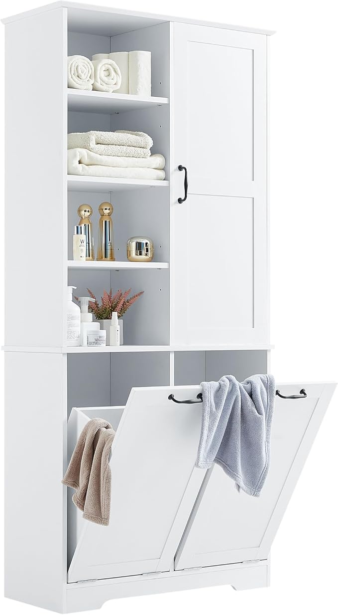 Merax Tall Storage Cabinet with Door and Open Shelf, Multi-Functional Laundry Hamper Basket for Home Bathroom, Laundry Room, White
