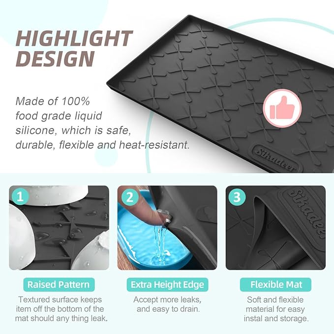 SIKADEER Waterproof Under Sink Mat 22x19, Raised Edge Silicone Mat Under Sink Shelf Liner, Sink Protector Kitchen Cabinet Tray for Bathroom Vanity and Small Cabinets, Cat Food Mat