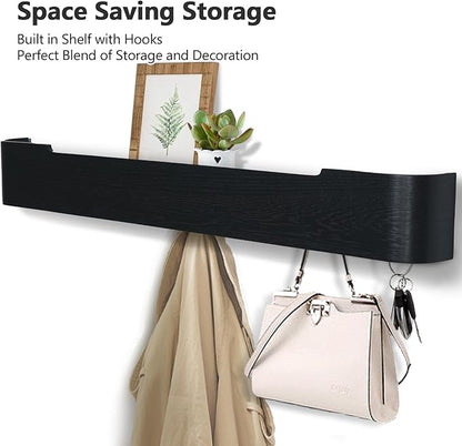 Coat Rack Wall Mount with Shelf 8 Hidden Hooks Modern Wooden Key Holder Entryway Organizer for Hallway Bedroom Bathroom Home Decor Storage for Hanging Coats Hats Bags Towels, Black