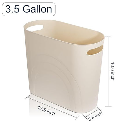 rejomiik Small Trash Can, 3.5 Gallon Slim Garbage Can Plastic Waste Basket with Handles Container Bin for Narrow Spaces Bathroom, Bedroom, Kitchen, Office at Home, 2 Pack Cream
