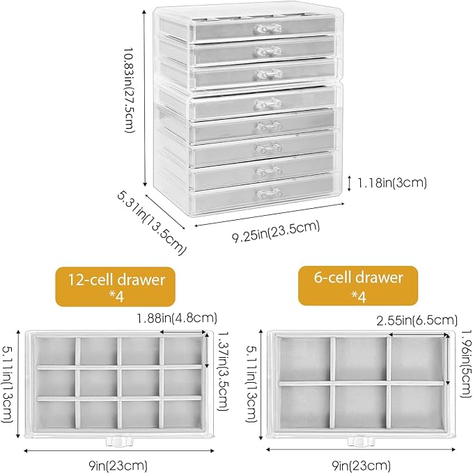 ProCase Earring Holder Organizer Jewelry Box with 8 Drawers, Acrylic Clear Earring Case with Adjustable Velvet Trays for Women - Grey, 8 Layers