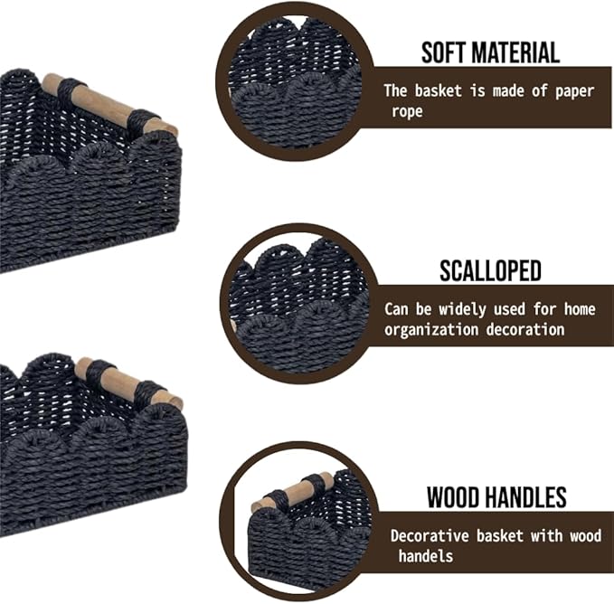 Black Scalloped Edge Storage Baskets with Wood Handle, Set of 2 – Decorative Paper Rope Organizer Bins for Bathroom, Shelf & Countertop