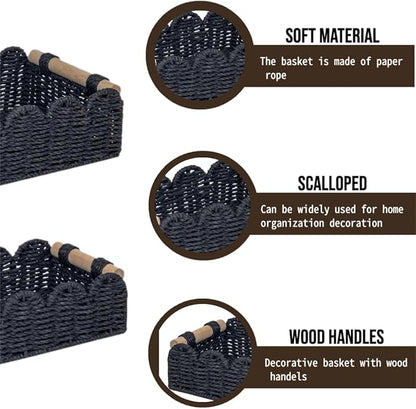 Black Scalloped Edge Storage Baskets with Wood Handle, Set of 2 – Decorative Paper Rope Organizer Bins for Bathroom, Shelf & Countertop