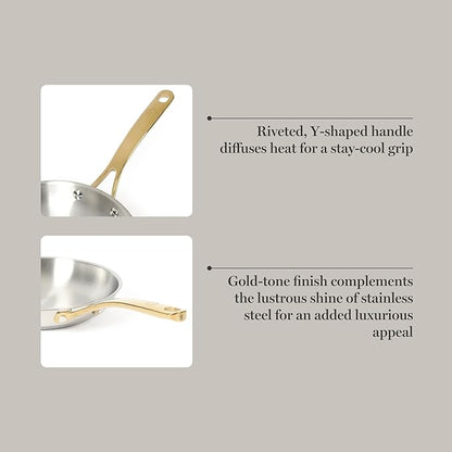 Martha Stewart Castelle 9.5-Inch Stainless Steel Frying Pan with Gold-Tone Handle – Tri-Ply Encapsulated Bottom, Oven Safe & Induction Safe Skillet for Searing and Sautéing