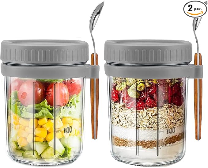Overnight Oats Container - Yogurt Oatmeal Glass Canning with Lids and Spoon, 10 oz Cereals, Milk, Fruit Salad, with Measurement Marks (grey)
