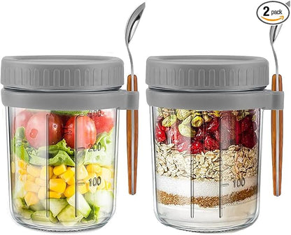 Overnight Oats Container - Yogurt Oatmeal Glass Canning with Lids and Spoon, 10 oz Cereals, Milk, Fruit Salad, with Measurement Marks (grey)