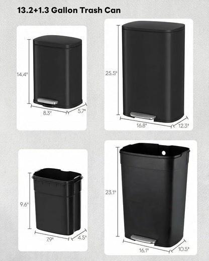 ComfyCorner 13.2+1.3 Gallon Trash Can Combo Set, Stainless Steel Garbage Bin with Pedal, Removable Inner Waste Bucket, Anti-Fingerprint, Soft-Close Locking Lid Dustbin for Kitchen, Bathroom, Office