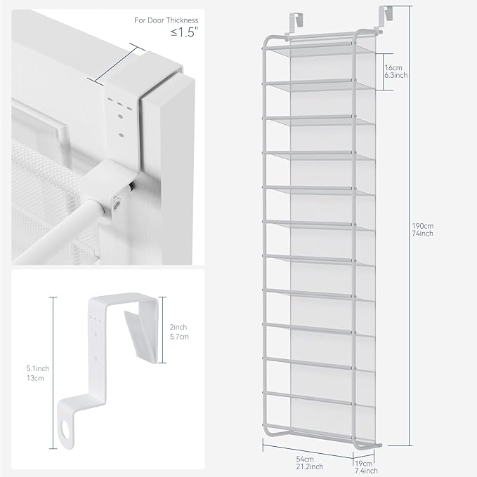 Whitmor 36 Pair Over The Door Shoe Organizer, 12 Tier Hanging Shoe Organizer, Heavy Duty Metal & Mesh Shoe Holder, Hanging Shoe Rack for Closet Organizer & Storage, 74"H x 21.7"W x 7.5"D, White