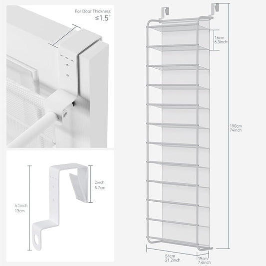 Whitmor 36 Pair Over The Door Shoe Organizer, 12 Tier Hanging Shoe Organizer, Heavy Duty Metal & Mesh Shoe Holder, Hanging Shoe Rack for Closet Organizer & Storage, 74"H x 21.7"W x 7.5"D, White