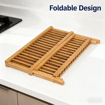 QUEENKAY Dish Drying Rack Collapsible 2-Tier Bamboo Dish Rack for Kitchen Counter Wooden Dish Drainer with Foldable Space-Saving Design for Dishes, Plates, and Cups
