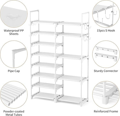 ROJASOP White Shoe Rack, Tall Metal Shoe Rack Organizer for Entryway Closet Garage, 8 Tier Large Shoe Shelf for 26-32 Pairs Boots & Shoes Storage, Space Saving Heavy Duty Shoe Stand