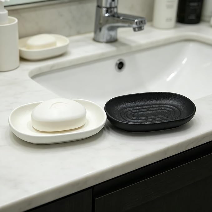 Ceramic Soap Dish for Bathroom & Kitchen Sink- Black Matte Textured Finish Bar Soap Holder for Shower - Easy to Clean Small Simple Oval Soap Dishes Holders for Bar Soaps, Sponges, Jewelry