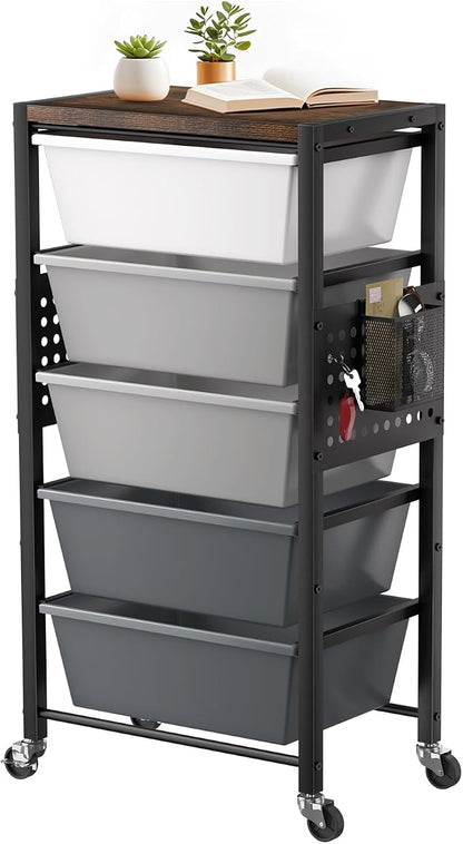 Rolling Cart with 5 Drawers, Plastic Drawer Storage Carts with Wheels & Wooden Tabletop, Metal Utility Cart with Pegboards, Office Living Room Classroom Craft Organization and Storage, Dark Grey