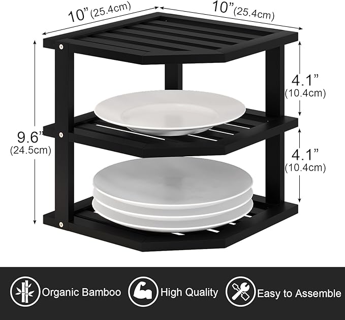 3 Tier Bamboo Corner Shelf(4 Pack),Dish Drying Rack,Plate Organizer,Kitchen Spice Rack for Countertop and Cabinet(Black)