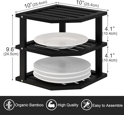 3 Tier Bamboo Corner Shelf(4 Pack),Dish Drying Rack,Plate Organizer,Kitchen Spice Rack for Countertop and Cabinet(Black)