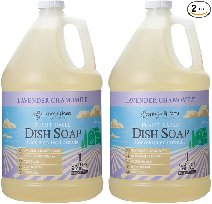 Ginger Lily Farms Botanicals Plant-Based Liquid Dish Soap, Concentrated Formula with Max Grease Cleaning Power, Cruelty-Free, Lavender Chamomile Scent, 1 Gallon Refill (128 Fl. Oz.), (Pack of 2)