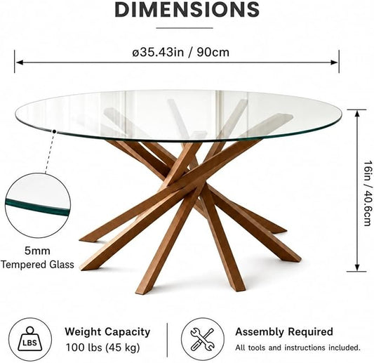 Round Glass Coffee Table-Mid Century Modern Solid Wood Coffee Table | Unique Glass Top&Solid Wood Mortise Interlocking Starburst Legs Design for Living Room,Office,Hotel Lobby