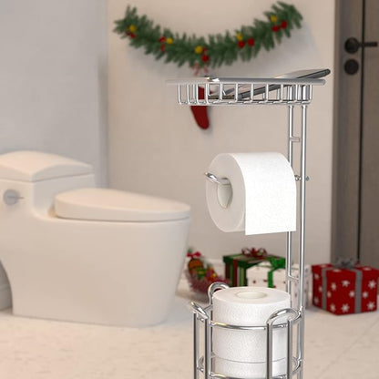 TreeLen Toilet Paper Holder Stand Toilet Tissue Roll Holder with Shelf for Bathroom Storage Holds Phone/ Wipe/ Mega Rolls-Shiny Chrome