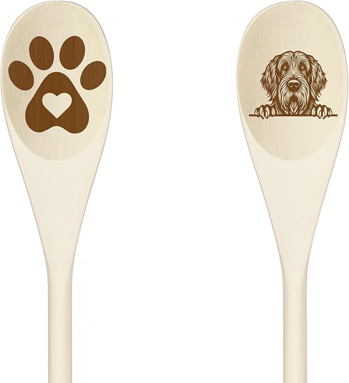 SPINONE ITALIANO Wooden Spoons for Cooking, Serving or Decorative Kitchen Utensils Set Dog Lover Dog Mom/Dad Gift with Peeking Dog Designs, Paw Print and Dog Head, Kitchen Utensils Set of 2