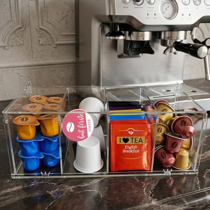 RR RAXMIN Coffee Capsule Holder Acrylic Box K Cup Holder Coffee Pod Storage Clear Acrylic 4 Compartment with Lid Organizer Coffee Bar Accessories