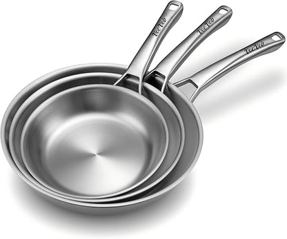 Tri-Ply Stainless Steel Frying Pans Set,PFOA&PTFE Free Skillets,Chef's Pan Set(8+10+12inch) Frying Pans for cooking,Induction Cookware Sets,Dishwasher and Oven Safe